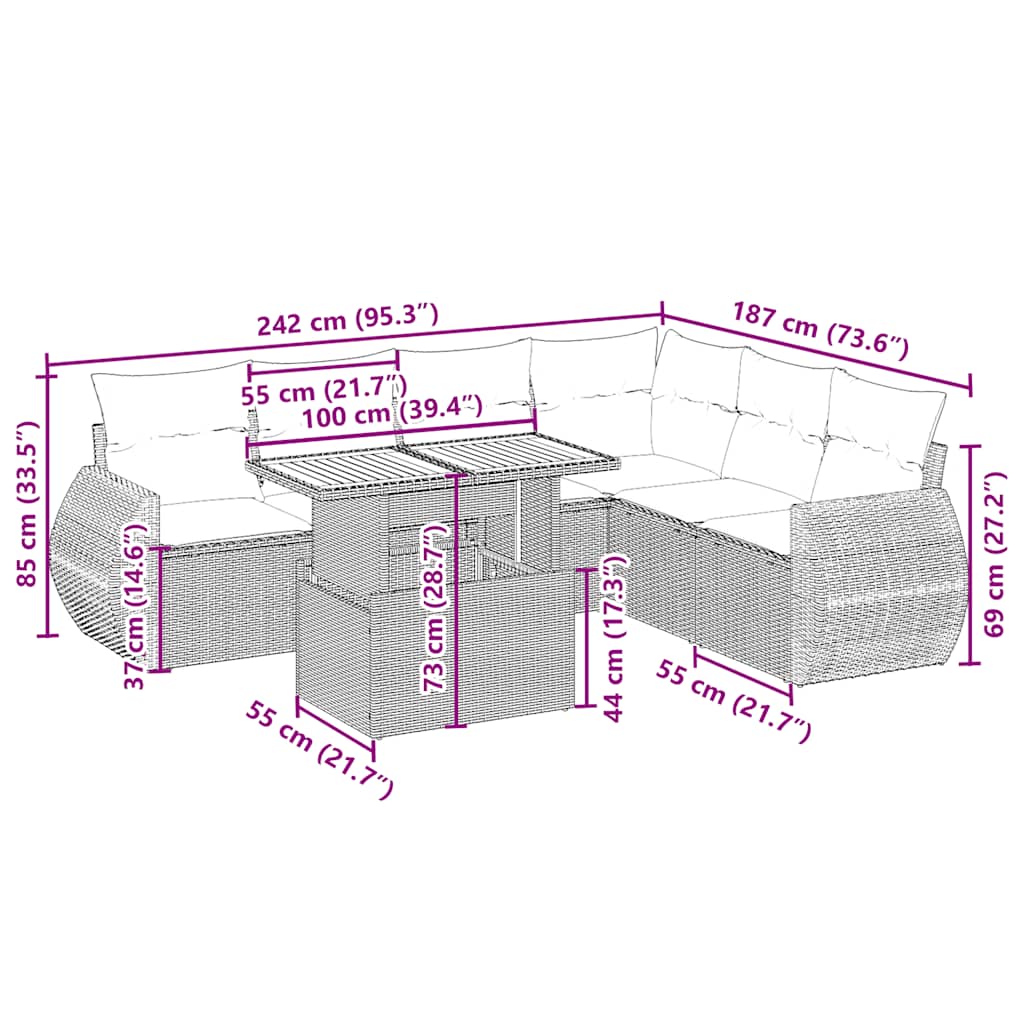 7-tlg. Garten-Sofagarnitur mit Kissen Beige Poly Rattan
